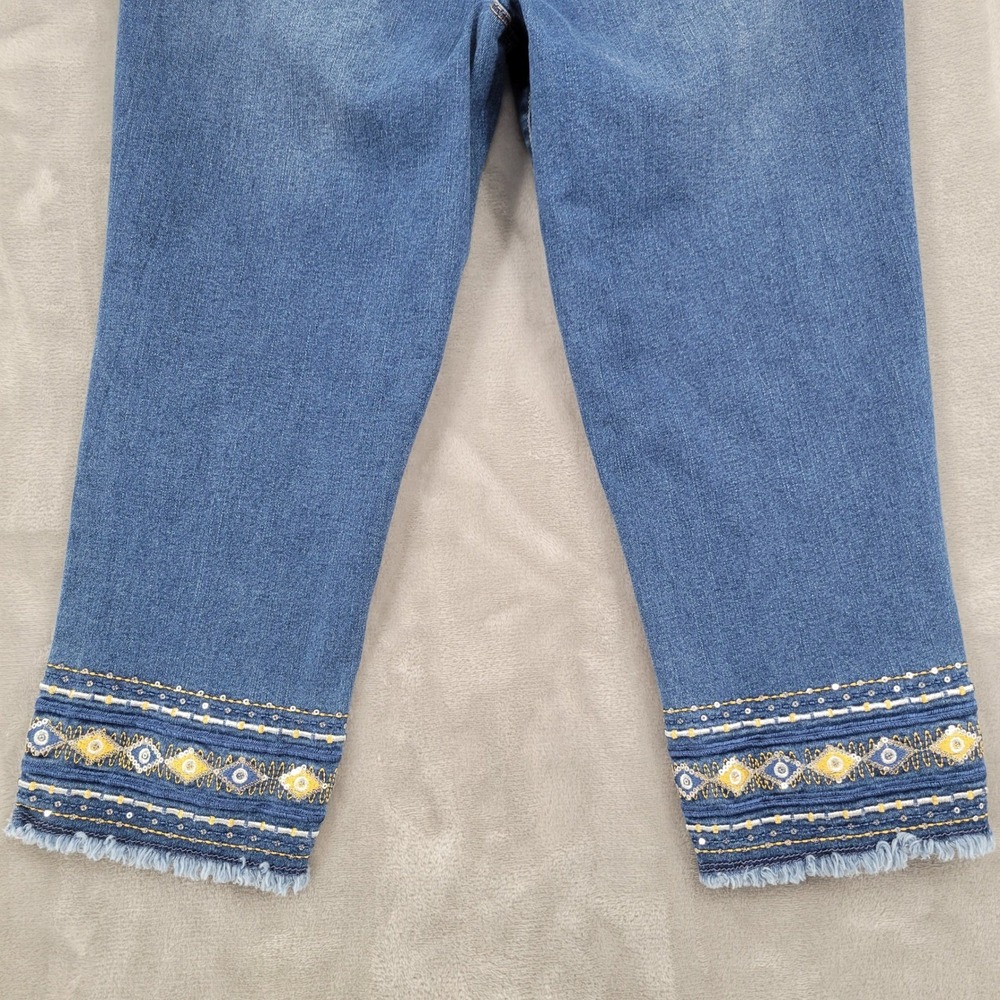 Avenue Cropped Jeans Womens 14 Blue Embroidered Beaded Frayed Hem Boho 32x20 - Picture 5 of 12